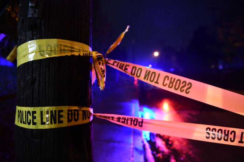 Police tape is seen outside the Tree of Life Synagogue after a shooting there left 11 people dead in the Squirrel Hill neighborhood of Pittsburgh on October 27, 2018.